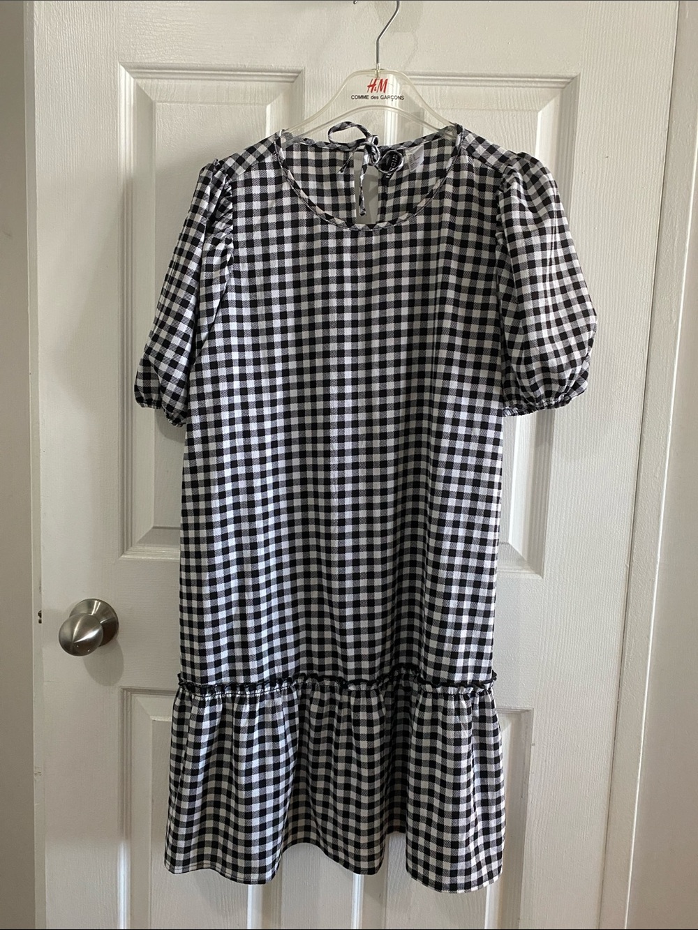 H&M Divided Vintage Gingham Puff Sleeve Tiered Mini Dress Accent Lace - M EUC